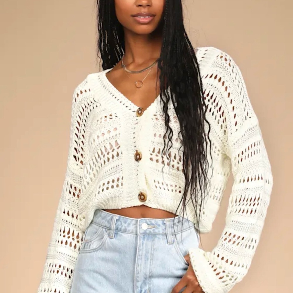 Lulu's Cream Open-Knit Cropped Button Cardigan